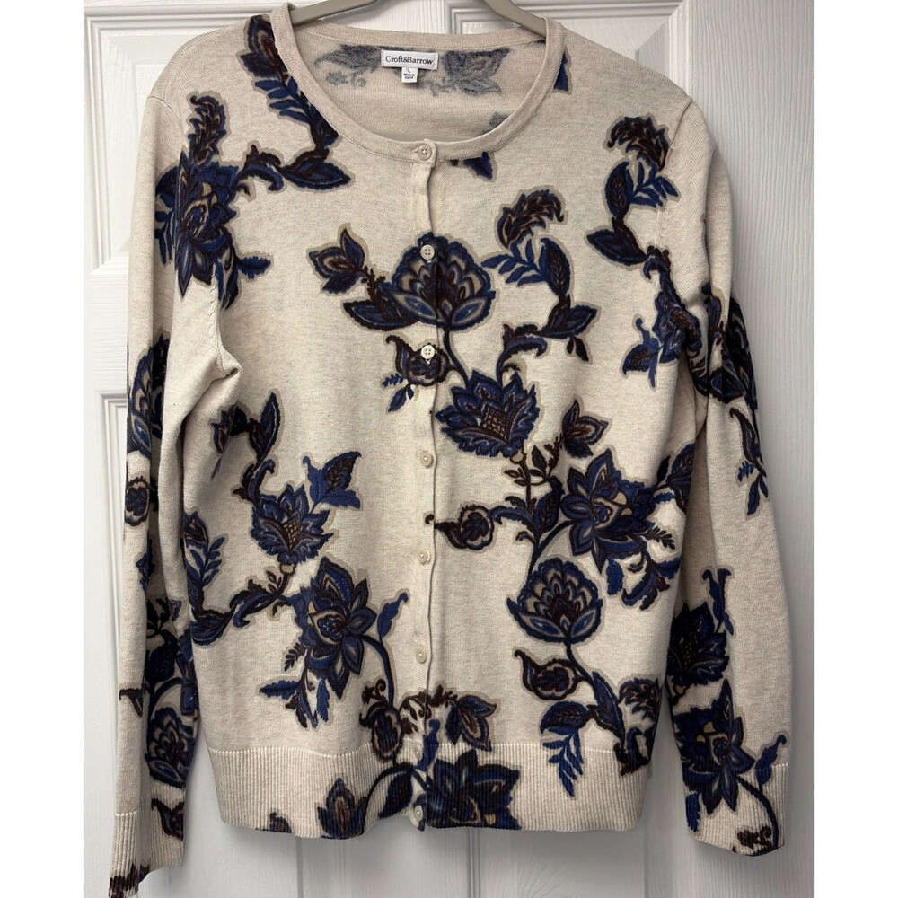 Croft & Barrow Womens Sz L Lightweight Cotton Cardigan Sweater Beige Blue Floral